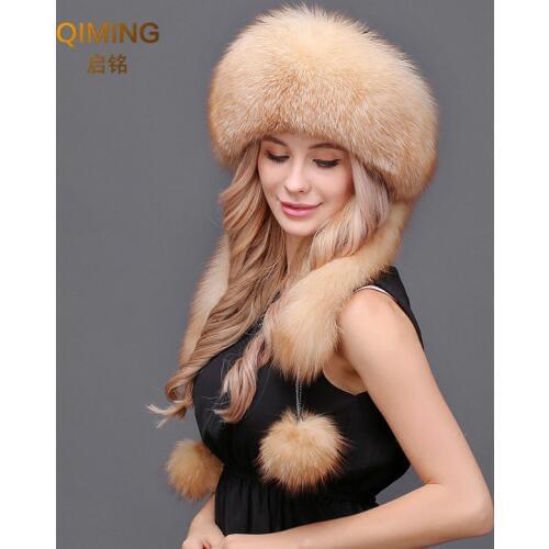 New Women Natural fur hat winter fox fur earmuffs Lei Feng hat thick and warm Bomber Hats female long tassels rabbit hat top #1