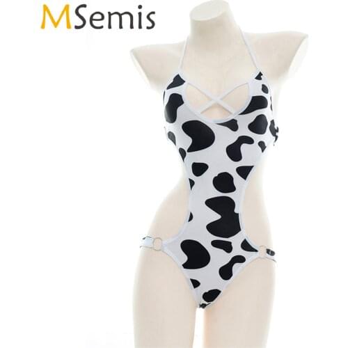 Womens Swimsuit Cow Print Lace-up Halter Neck Bodysuit Cutout Lingerie Cosplay Costume Leotard Summer Beach Swimwear One Piece