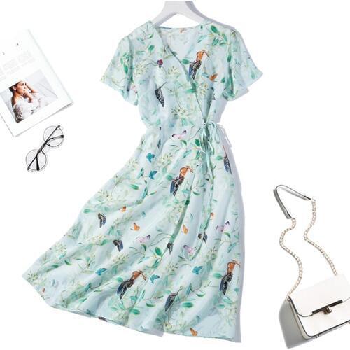 Womens 100% Pure Silk Long Wrap Dress green floral Cap Sleeve Two Layers size L XL JN166
