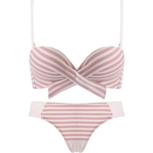 Fresh stripe underwear women triangle cup bow thin straps comfortable cotton small chest bunched up bra set