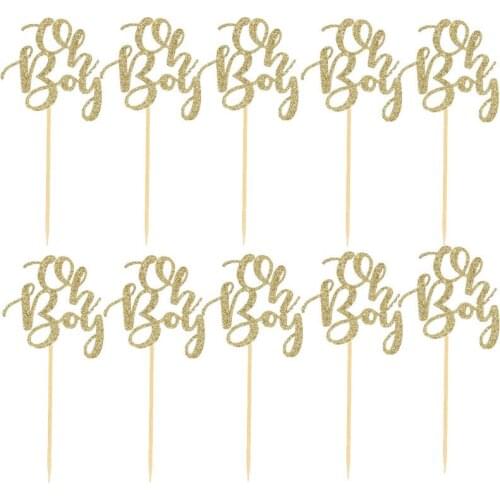 10ps Cake Decorations Gold Giltter Oh Boy Cake Toppers for Girl`s Boy`s Baby Showers Cake Topper Happy Birthday Boy or Girl