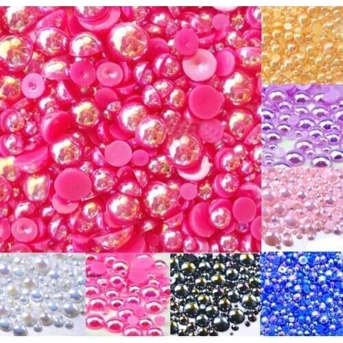 500Pcs Mixed 2-10mm Fuchsia AB Half Round Pearl Beads Craft Cabochon Scrapbook Decoration Flatback Nail Art Garment Beads DIY