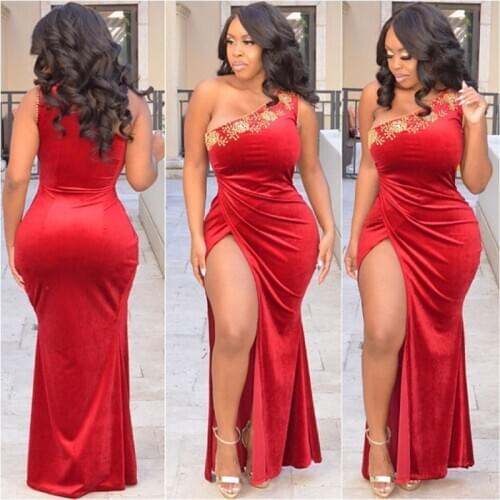 Velvet Prom Dress One Shoulder Arabic Evening Dresses Muslim Dubai Red Beaded Side Split Formal Kaftan Mermaid Party Gown