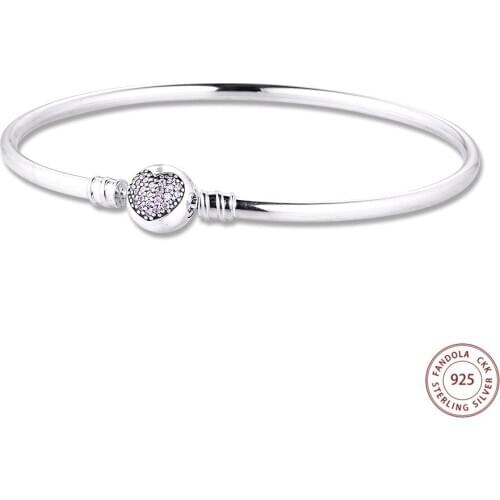 CKK 925 Sterling Silver Circle of Love Pink CZ Clasp Charms Bangle Bracelets for Women Jewelry Accessories Bijoux