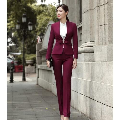Fashion Wine Formal Uniforms Designs Professional Pantsuits With Jackets And Pants For Ladies Office Work Wear Blazers Sets