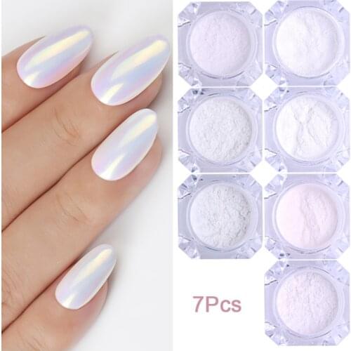 7 Box Pearl Nail Glitter Powder Set Neon Shimmer Rub Dipping for Nails Manicuring Mirror Mermaids Blue Purple Nail Dust