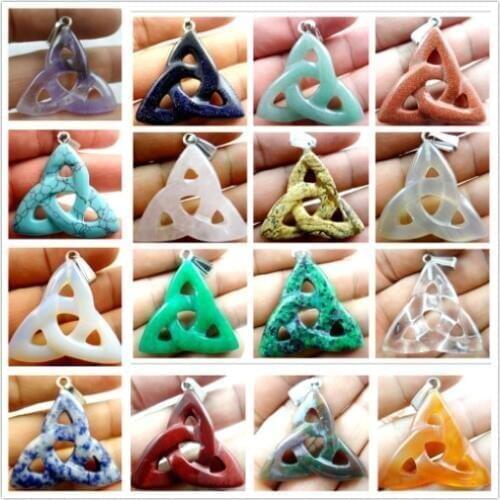 Natural stone Quartz Crystal Turquoises Opal lapis tiger eye Hollow triangle pendant for diy Jewelry making necklace Accessories