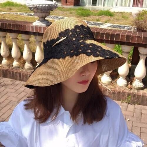 New High Quality Women Summer Sun Hat Wide Brim Packable Anti-UV Straw Hat White Black Lace Flower Cloche Beach Caps 55-59cm