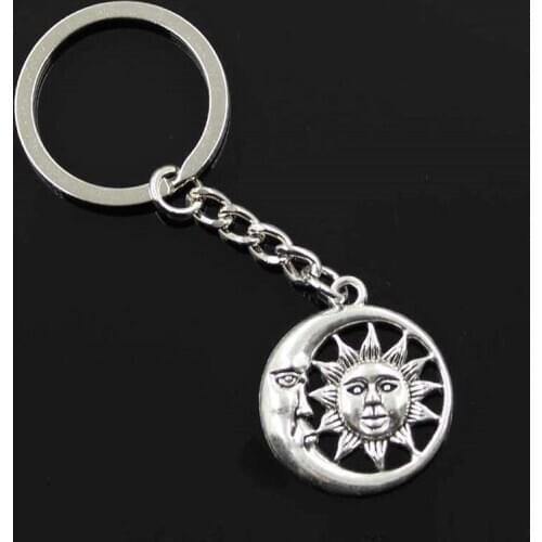 New Fashion Men 30mm Keychain DIY Metal Holder Chain Vintage Sun Moon 28x24mm Silver Color Pendant Gift
