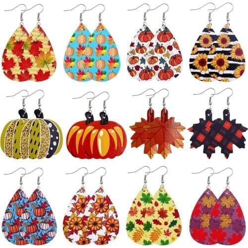 Fall Faux Leather Earrings Autumn Teardrop Dangle Earrings Bulk Pumpkin Sunflower Maple Leaf Thanksgiving Fashion Accessory