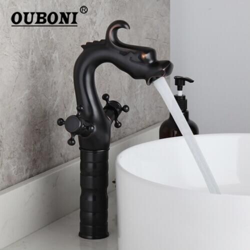 OUBONI Antique Brass Bathroom Faucet Unique Dragon Design ORB Black Dual Handles Basin Sink Mixer Facuet Deck Monted Brass Tap