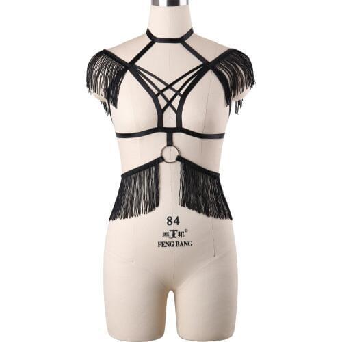 Rave BurningMan Lace Feathers Bra Harness tassel Cage Bondage Harness Harajuku Bondage Lace Feathers Body Cage Bra Goth harness