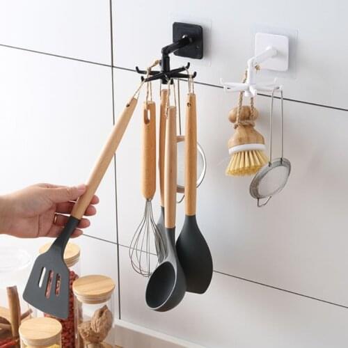 Rotatable Wall Mounted Multi Hooks Coat Rack Punch-free Clothes Pegs Simple Design Decorative Household Kitchen Bathroom