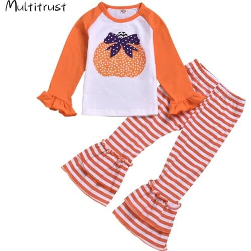 Dropshiping New Toddler Kid Baby Girl Pumpkin Outfits Petals Long Sleeve T-shirt Striped Pants Trousers 2pcs Clothes Sets