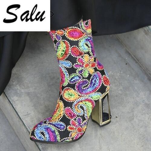 Salu 2020 new Cow Leather Large boots genuine leather women Shoes Woman Square high Heels Ankle Boots Woman Shoes plus size 12