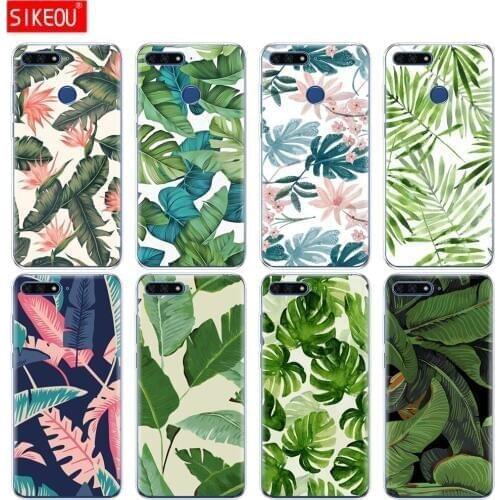 Silicone Cover Phone Case For Huawei Honor 7A PRO 7C Y5 Y6 Y7 Y9 2017 2018 Prime Tropical plants fresh green leaves