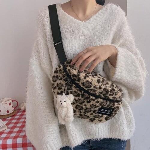 Shoulder bag retro lamb cashmere leopard print plush large capacity crossbody chest pack all-match Mobile phone bags