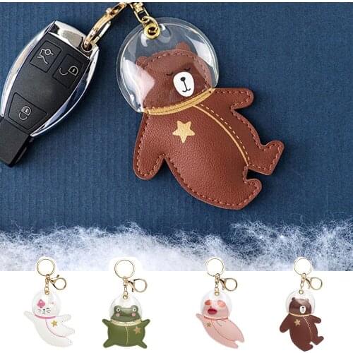 Creative PU Leather Keychains Astronaut Frog Bear Pig Cat Car Key Chains Student Girl Lovely Bag Charm Decoration KeyRings Gift