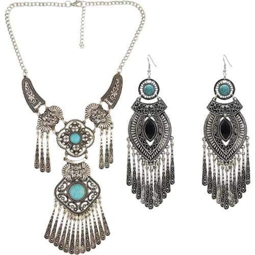 Ethnic Tassel Drop Afghan India Jhumka Earrings Gold Bib Choker Necklace Gypsy Egyptian Turk Gypsy African oxidized Jewelry Sets