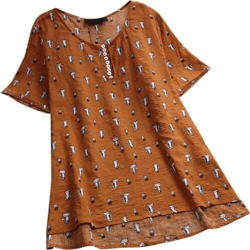 Cat Print Women Blouses Fashion Asymmetrical Short Sleeve V Neck Button Casual Vintage Cotton Linen Shirts Top Ropa Mujer #F3