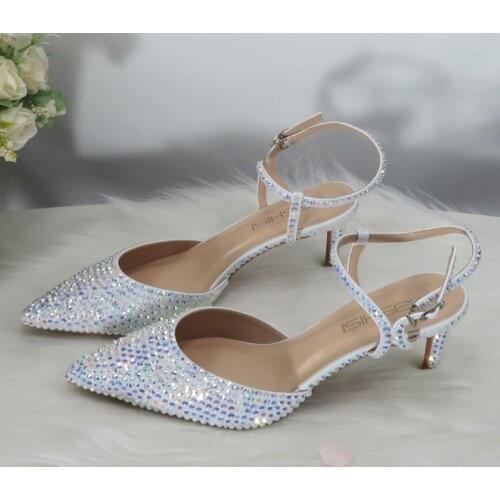 2021 New Arrival White Bling Crystal Pointed Toe Bridal Wedding Shoes Woman High Pumps Thin Heel Party Dress Shoes Big Size