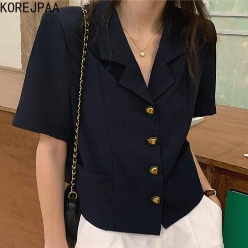 Korejpaa Women Jacket 2021 Summer Korean Retro Simple Temperament Lapel Love Button Design Loose Casual Short-Sleeved Blazers