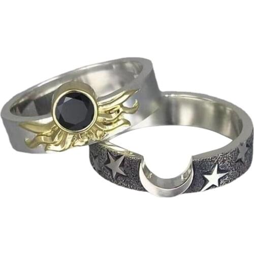 2021 Korean New Shiny Black Zircon Moon Star 2Pcs/Set Rings for Women Men Wedding Jewelry Always Thinking You Lover Couple Rings