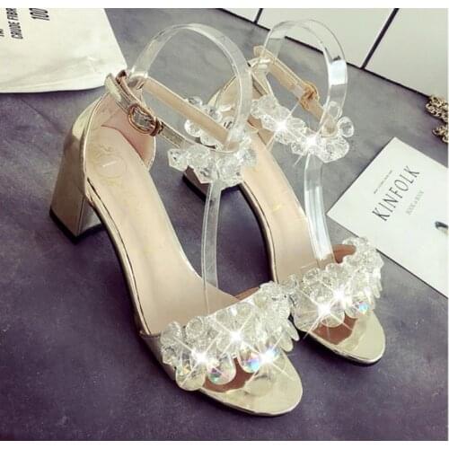 2021 New Brand Womens Leather Ladies Sandals Square High Heel Sandals Womens Shoes Summer Casual Shoes Gold, Silver