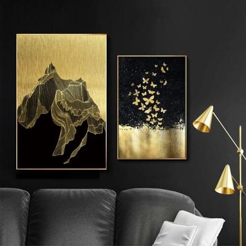 Abstract Golden and Black Mountain Butterfly Landscape Canvas Painting Nordic Wall Art Modern Posters and Prints Home Decoration