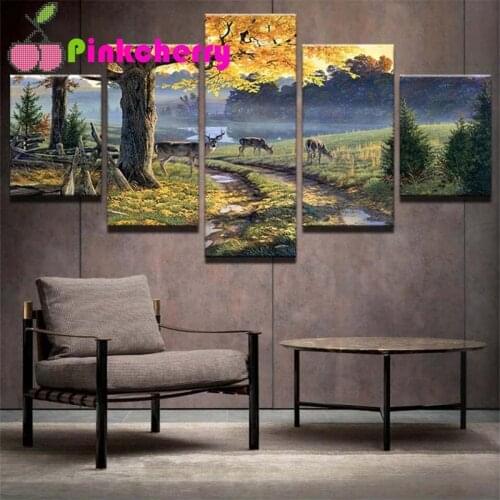 5 Pieces Diy Diamond Painting Animals Deers Forest Natural Landscape Mosaic embroidery abstraction home Art,Multi Panel k245