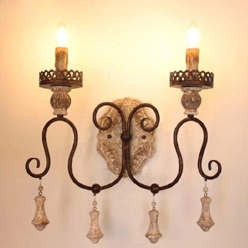 American Vintage Iron Wooden wall sconce Antique Rustic Wooden Metal Wall lamp french retro wall light fixtures in foyer bedroom