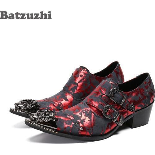 Batzuzhi Luxury Handmade Mens Leather Shoes Pointed Metal Toe Formal Leather Dress Shoes Buckles 6.5cm High Heels Zapatos Hombr