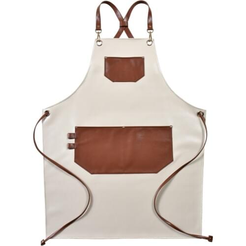 Beige PU Apron Crossback Strap Barista Bartender Pastry Chef Cafe Bistro BBQ Grill Uniform Florist Barber Carpenter WorkWear D90