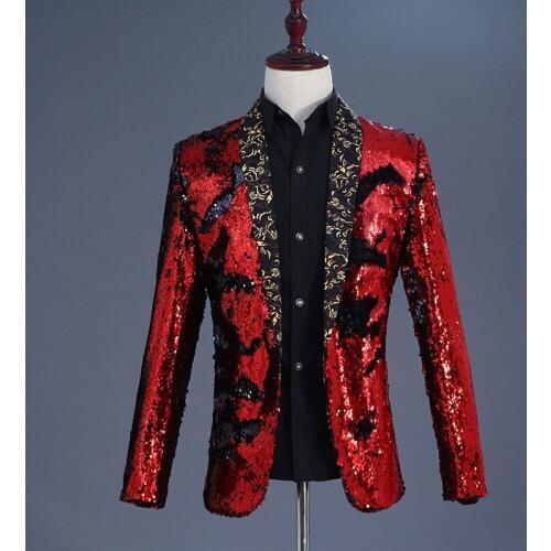 Shiny Red Black Sequin Shawl Collar Blazer Men DJ Nightclub Performance Suit Jacket Men Wedding Groom Prom Tuxedo Blazer Homme