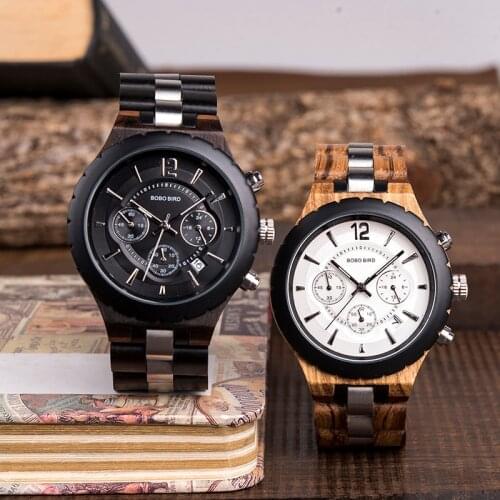 BOBO BIRD Luxury Band Men Watch Classic Wood Metal Chronograph Wristwatches Male Auto Date Display reloj hombre Dropship