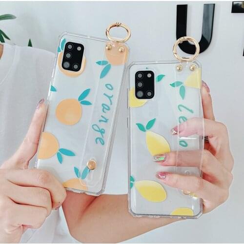 Lemon Orange Wrist Strap Phone Holder Case for Samsung S21 S20 FE A22 32 12 42 52 72 51 71 31 21S 50 70 20 30S Fruit Clear Cover
