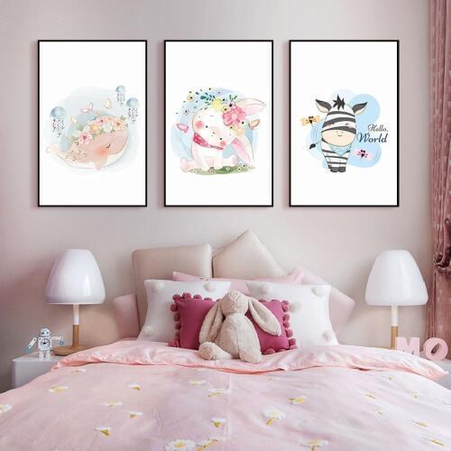 Childrens Room Decor Wall Art Canvas Painting Cartoon Flowers Animal Cub Fox Nordic Poster and Prints Pink Girl Room Pictures