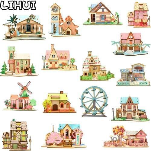3D Wooden Puzzle Toys Jigsaw Architecture DIY Assembly Building House Model Kit Kids Puzzles Educational Wooden Toy for Children