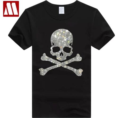 New Skull Hot Drilling T-Shirt Mens Black White Cotton Short Tshirt High Quality Rhinestone Top Tees Shirt Male Shining lights
