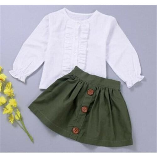 2PCS Toddler Kids Baby Girl Clothes Sets 1-5Y White Long Sleeve T-shirt Tops+Green Skirts Autumn Spring Outfit Sets