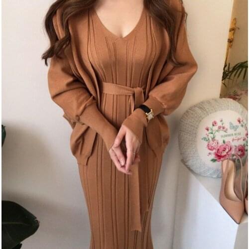 Korean Fashion Sweater Suits 2021 Autumn New Solid Loose Lantern Sleeve Knitted Sweater Womens Jacket + Knitted Strapless Sets
