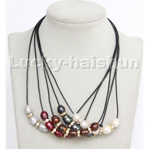 17" 13mm rice white gray black coffee wine red pearl black leather necklace c181