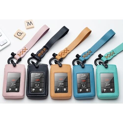 Leather Car Key Case Cover for Cadillac CTS Escalade SRX ATS STS Square Protect Keychain Ring Accessories