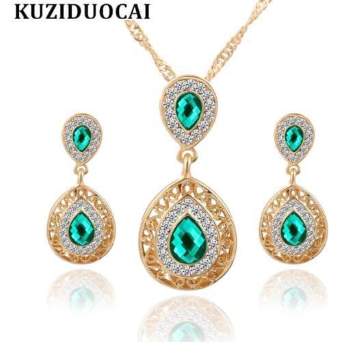 Kuziduocai New Fashion Jewelry Crystal Droplet Carving Dubai Necklaces & Pendant Stud Earring Sets For Women Parure Bijoux N-372