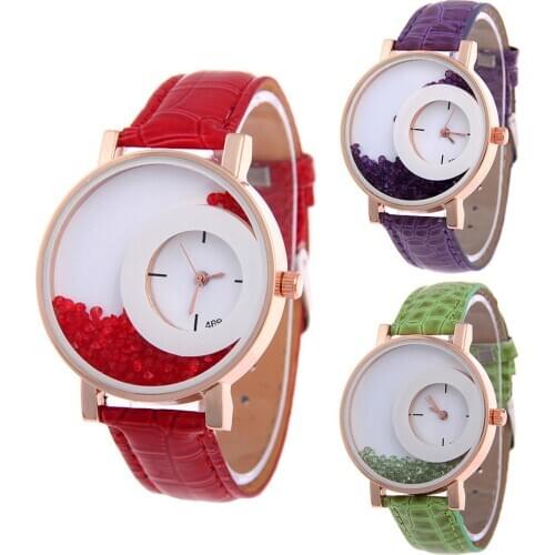 HOT SALES！！！New Arrival Women Quicksand Rhinestone Faux Leather Strap No Number Analog Quartz Watch Wholesale Dropshipping