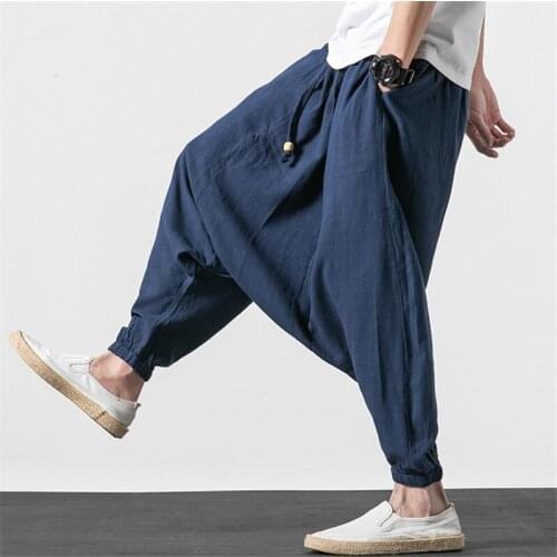 M-6XL 7XL Large Size Mens Cotton Linen Pants Fashion 2021 Fall Long Cross Pants Summer Hip Hop Dance Pants Black