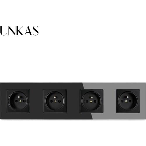 UNKAS 4 Gang Crystal Glass Panel French Standard Wall Socket 258*86mm Power Socket Plug Grounded 16A Black Electrical Outlet