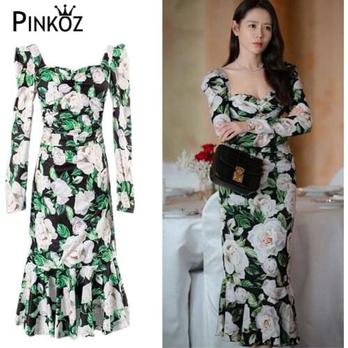 Pinkoz runway designer flower printed celebrity ruched slim bodycon midi dress long sleeve square collar vintage retro dresses