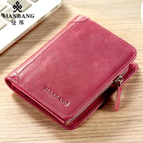 ManBang Brand Womens Wallet Original Genuine Leather First Layer Cowhide Mini Fresh Card Holder Zipper Coin Fashion Purse