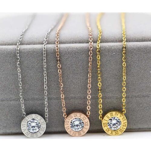 Hot Sale Rhinestone CZ Round Gold Color / Rose Gold Color / Silver Color Stainless Steel Necklace Free Shipping